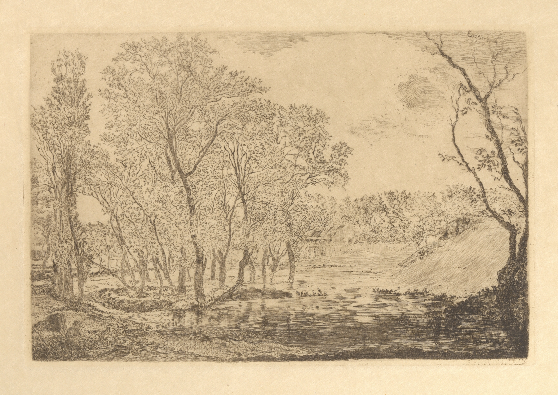 De poel met populieren, oil on canvas by James Ensor, featuring poplar trees and tranquil water.