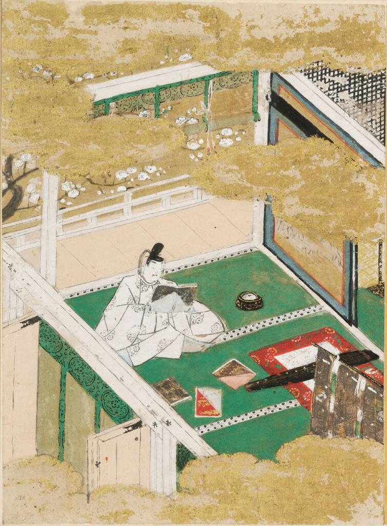 The Warbler’s First Song (Hatsune), Illustration to Chapter 23 of the Tale of Genji (Genji monogatari), by Tosa Mitsunobu, public domain