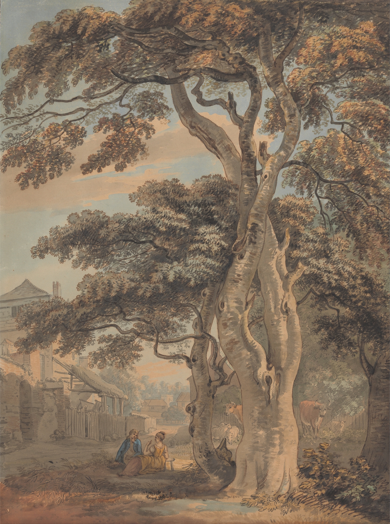 Couple in a farmyard, oil painting by Paul Sandby