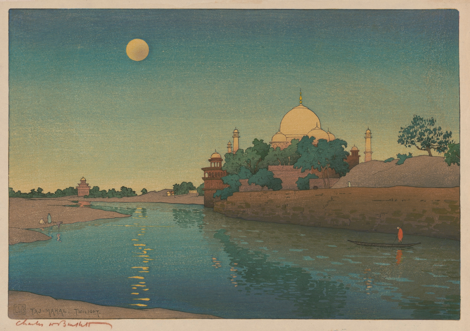 Twilight scene of the Taj Mahal reflecting on water, oil painting by Charles William Bartlett