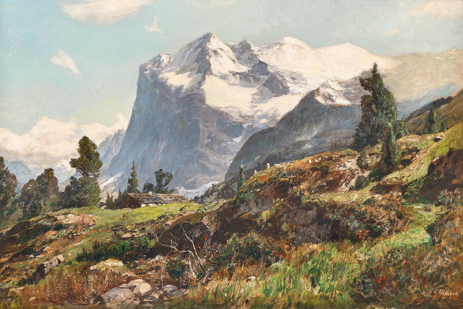 Wetterhorn bei Grindelwald by Georg Macco, oil on canvas depicting rugged cliffs and snow-capped mountains.
