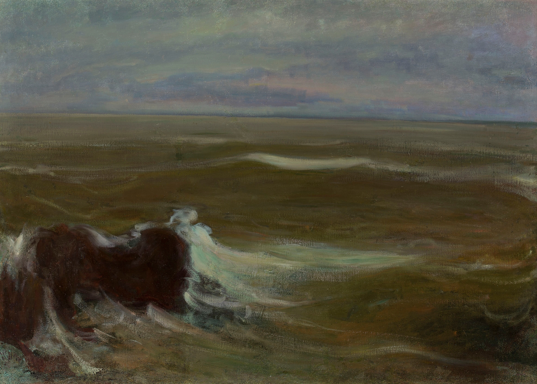 Rough Sea oil painting by Władysław Ślewiński depicting tumultuous waves crashing against rocks