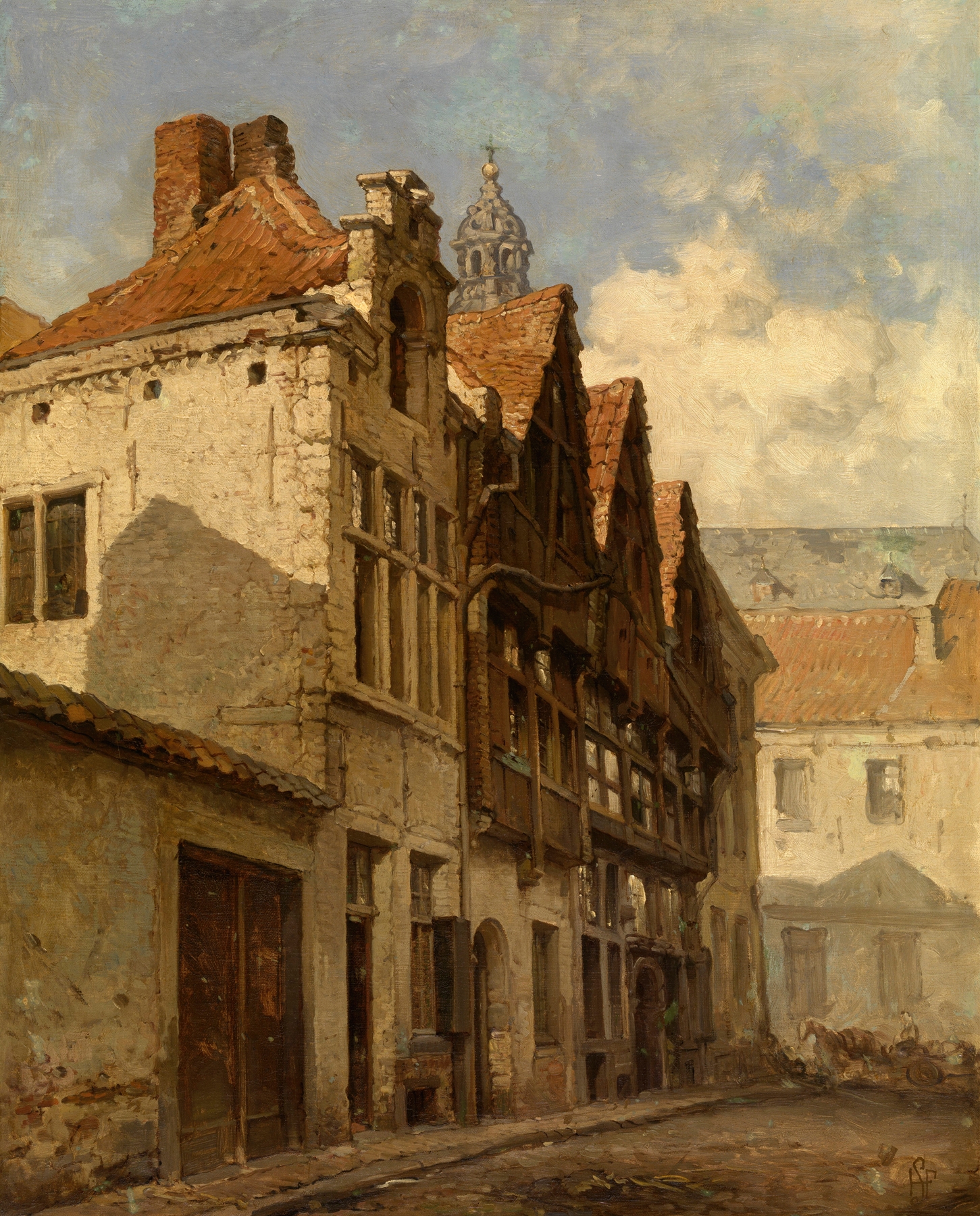 Landscape oil painting by Henri François Schaefels featuring a tower and cobbled street