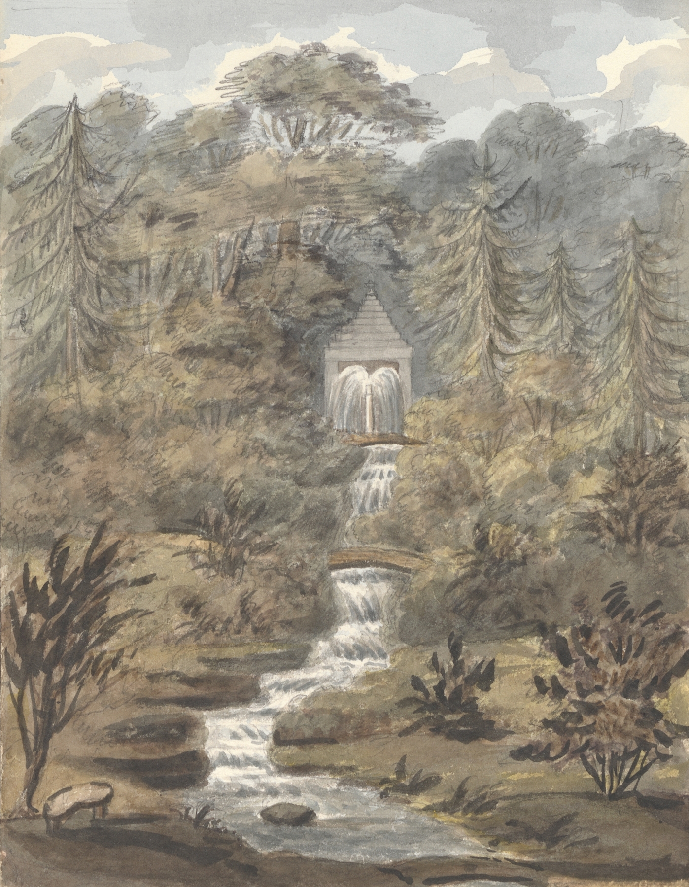 Watercolour by Anne Rushout depicting a waterfall and temple in Sezincote