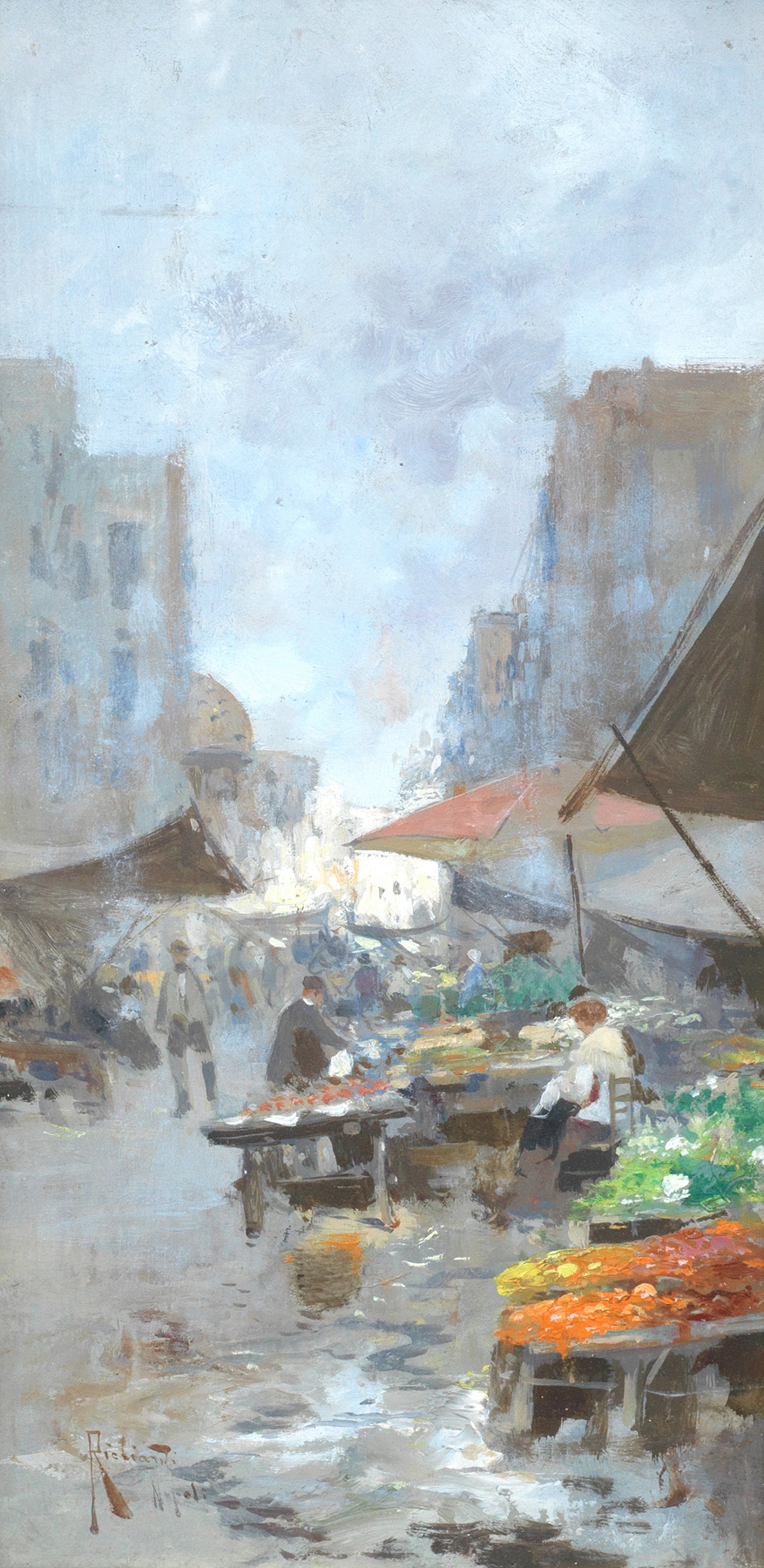Street market scene with fruits, oil painting by Oscar Ricciardi