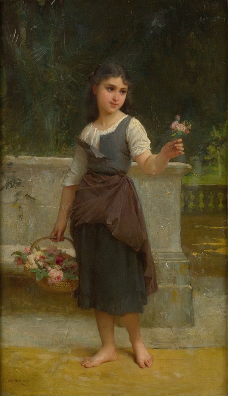 A charming depiction of a young girl surrounded by flowers.