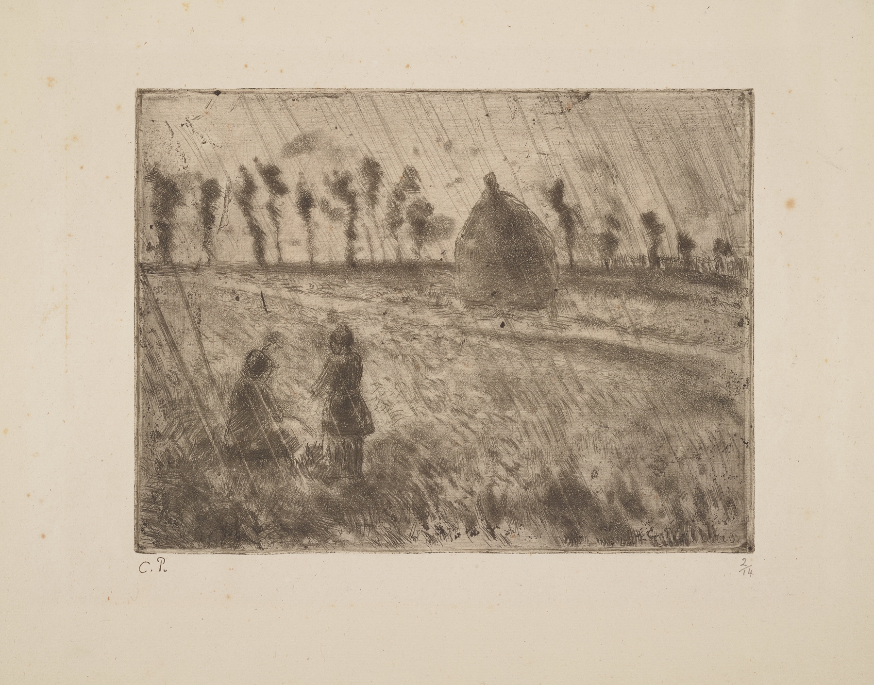 Rain Effect by Camille Pissarro, depicting figures with umbrellas on a rainy street, oil painting