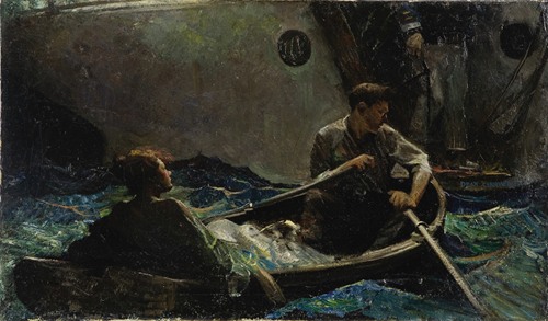 A serene scene of a couple in a rowboat on calm waters.
