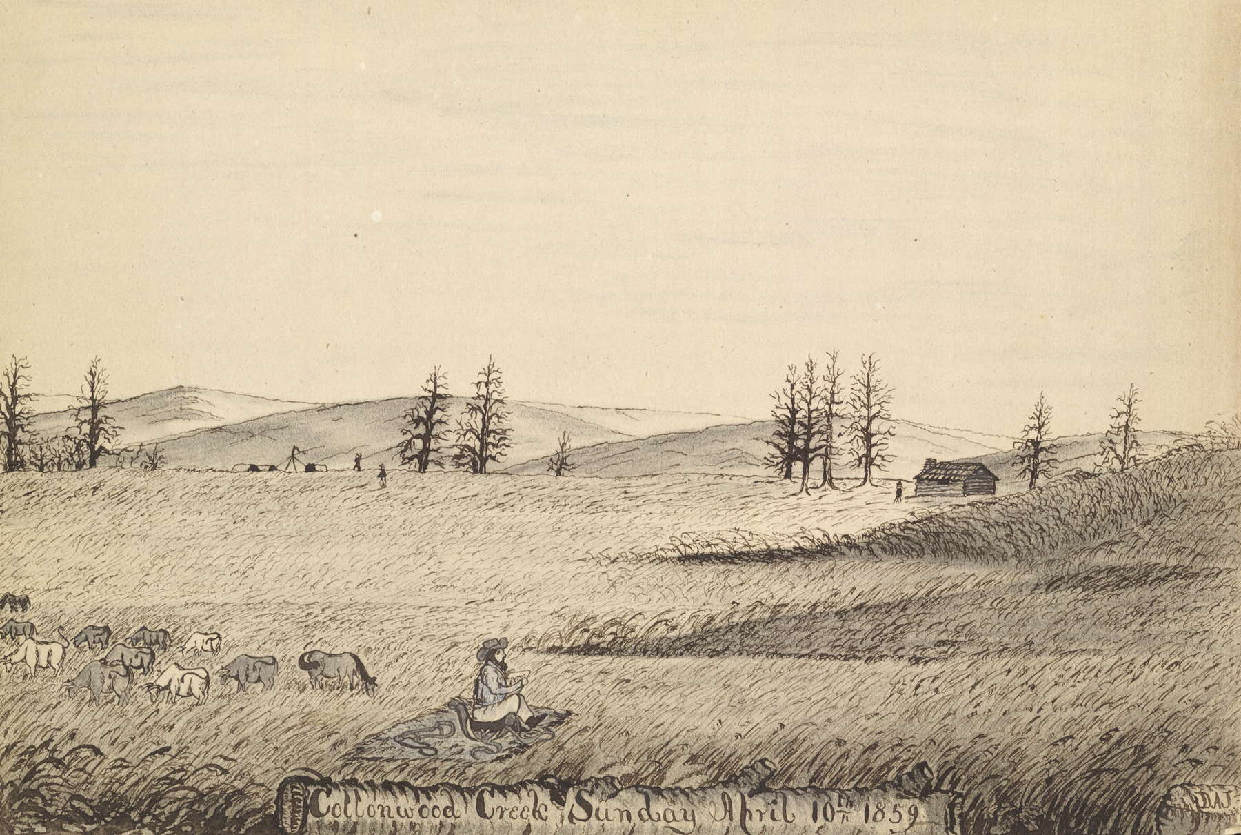 Cottonwood Creek, Sunday April 10th 1859 by Daniel A. Jenks, oil painting depicting a tranquil landscape.