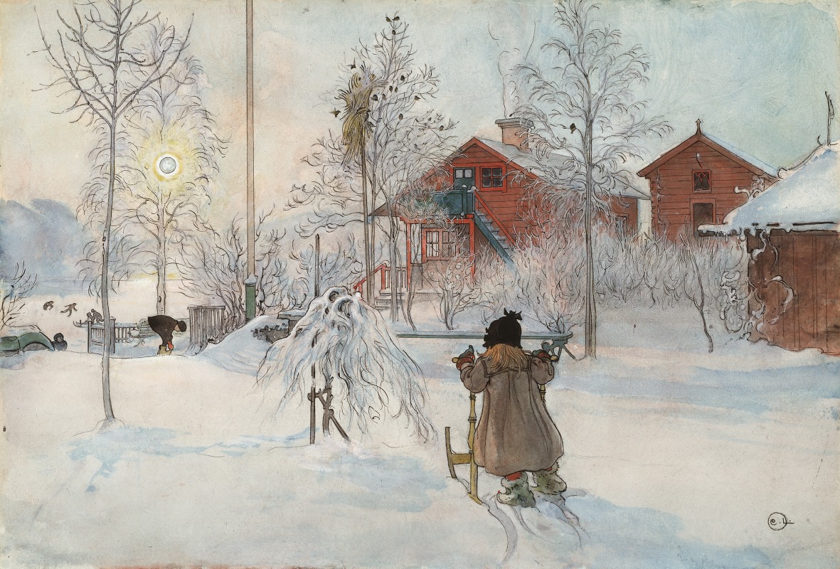 Carl Larsson's 'The Yard and Washhouse' depicts a serene domestic scene.