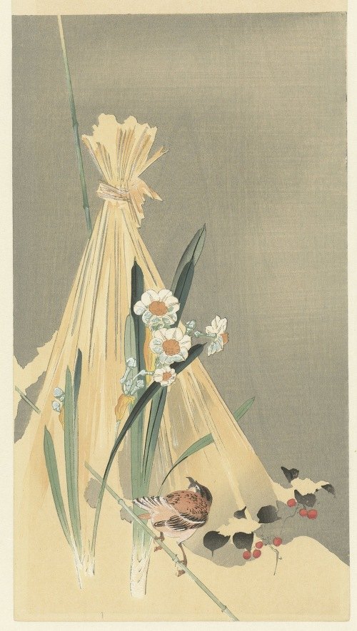 A serene depiction of a songbird perched on a hay bundle.