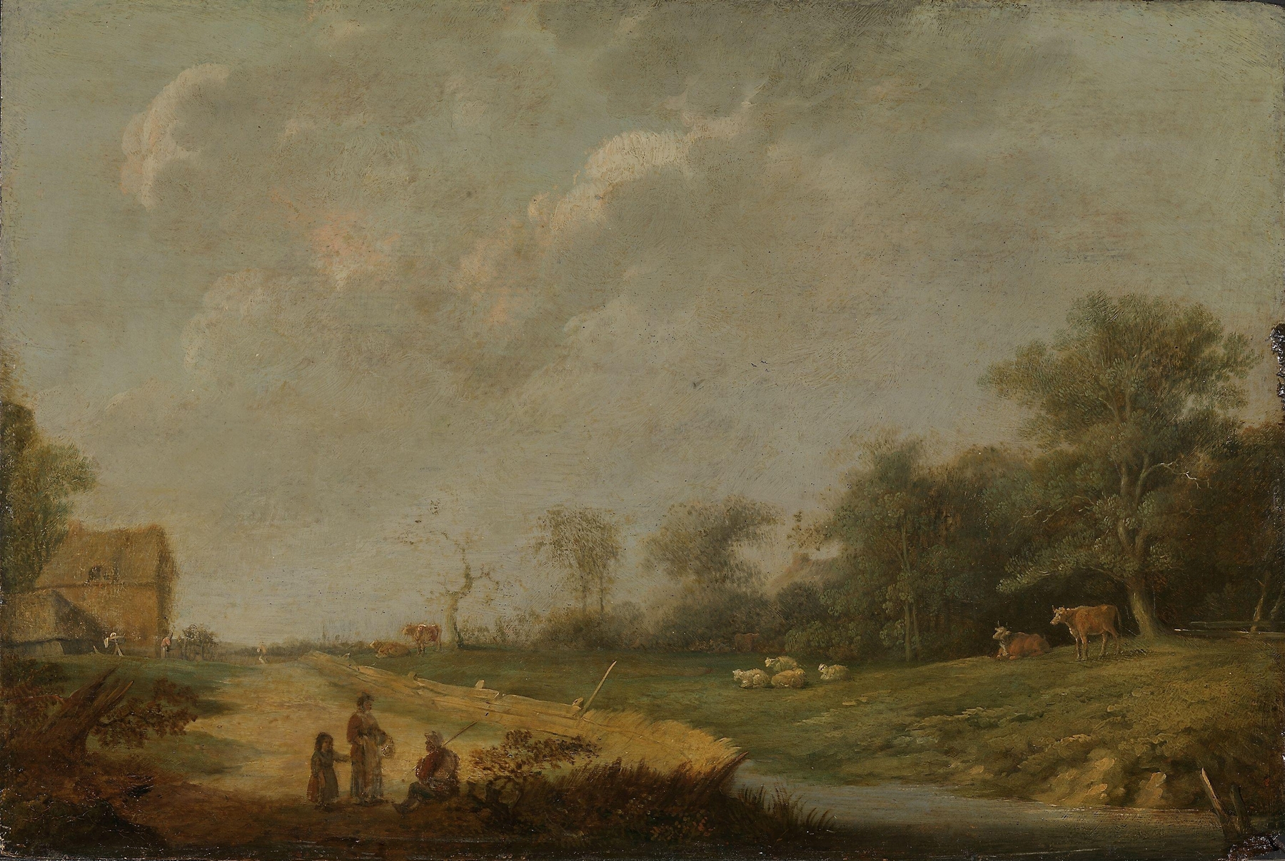 Post-Impressionism landscape by unknown artist, featuring hills and a sunset