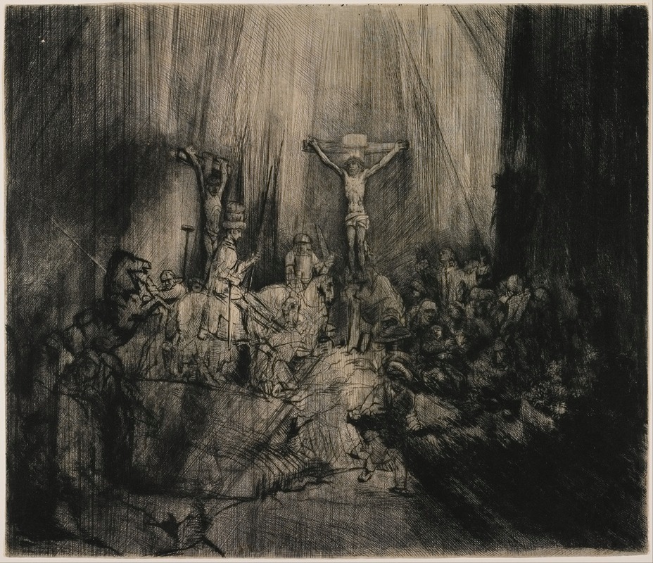Rembrandt's 'The Three Crosses' depicts the crucifixion with dramatic light and shadow.