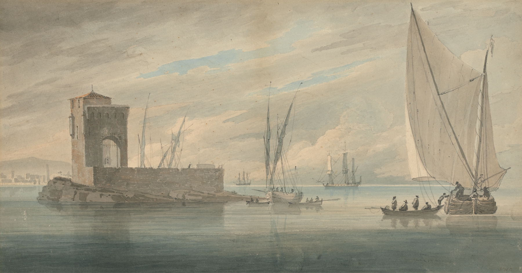 Italian Coast Scene with Island Shipping by John Wilson Carmichael, oil painting depicting a coastline and island.