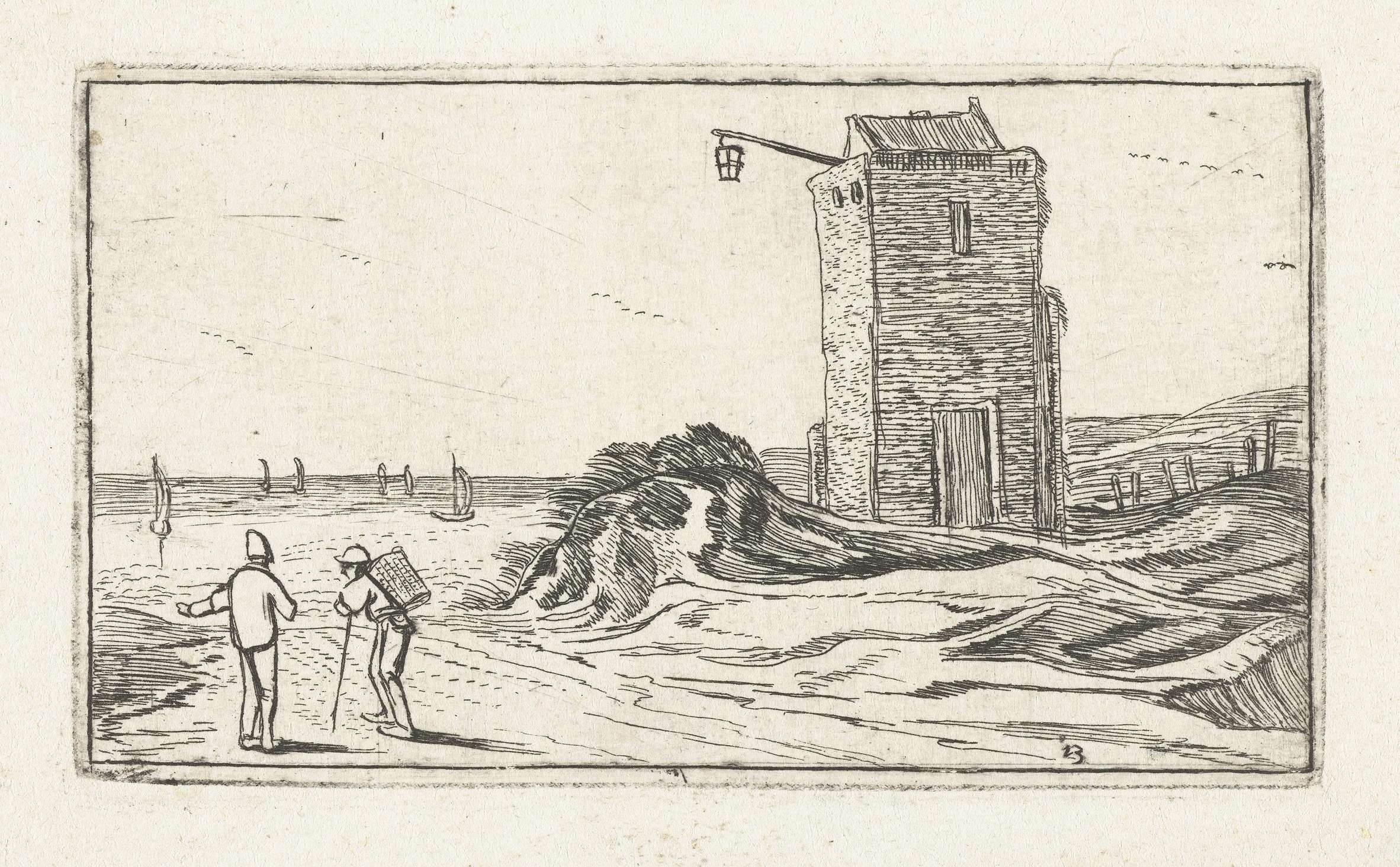 Solitary figure walking along the shoreline, etching by Unknown Artist