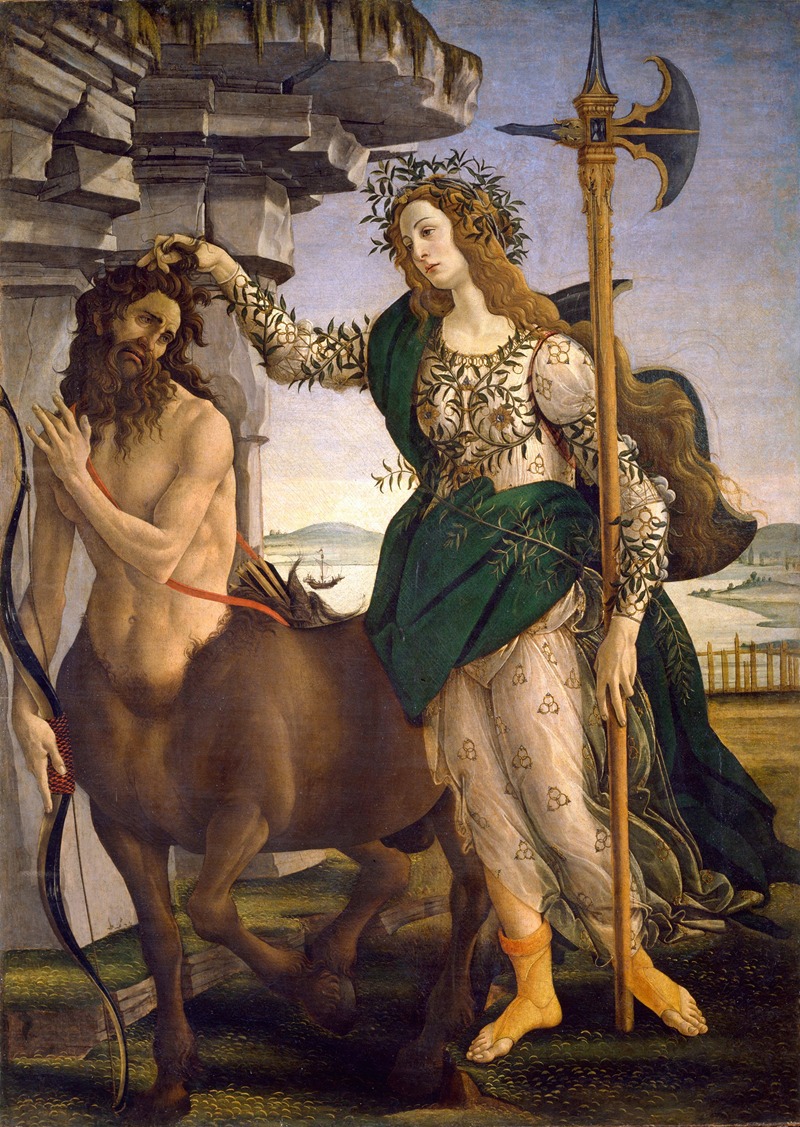 Sandro Botticelli's 'Pallas And The Centaur' depicts a mythological scene with vibrant colors and intricate details.