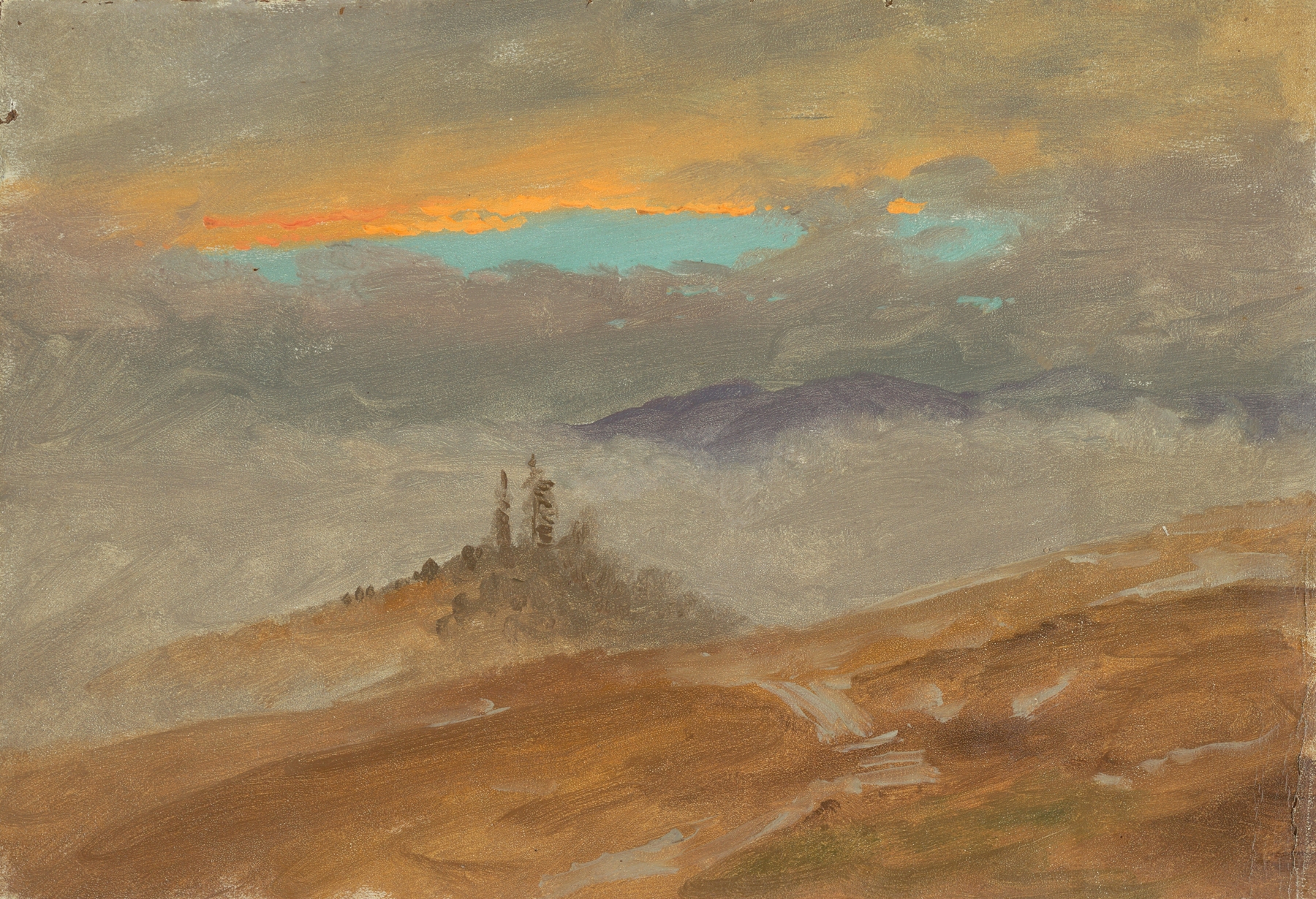 Winter landscape oil painting by Frederic Edwin Church depicting twilight over Zuarry Hill.