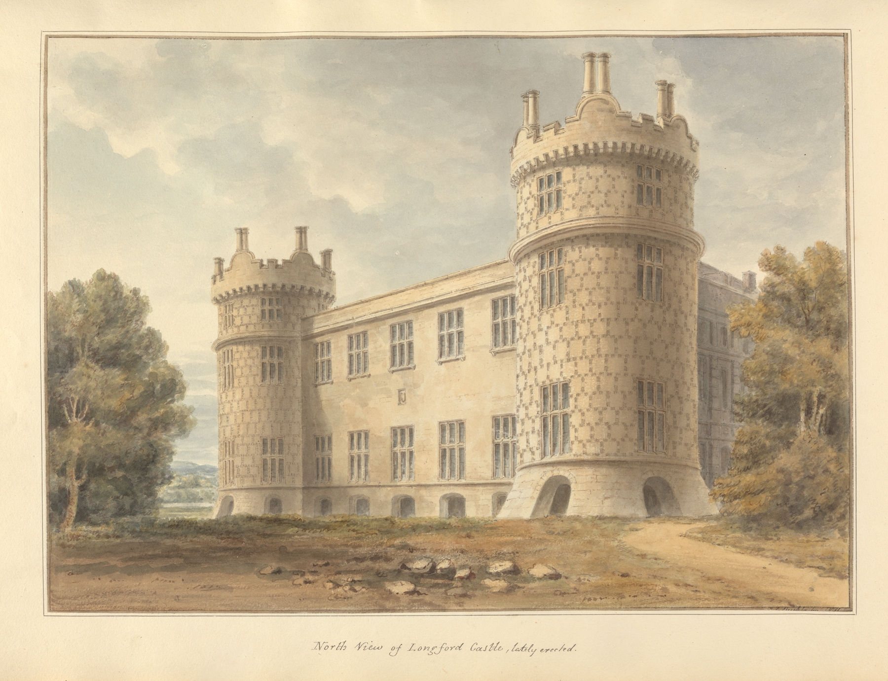 North view of Longford Castle by John Buckler, oil painting depicting elegant architecture and landscape.