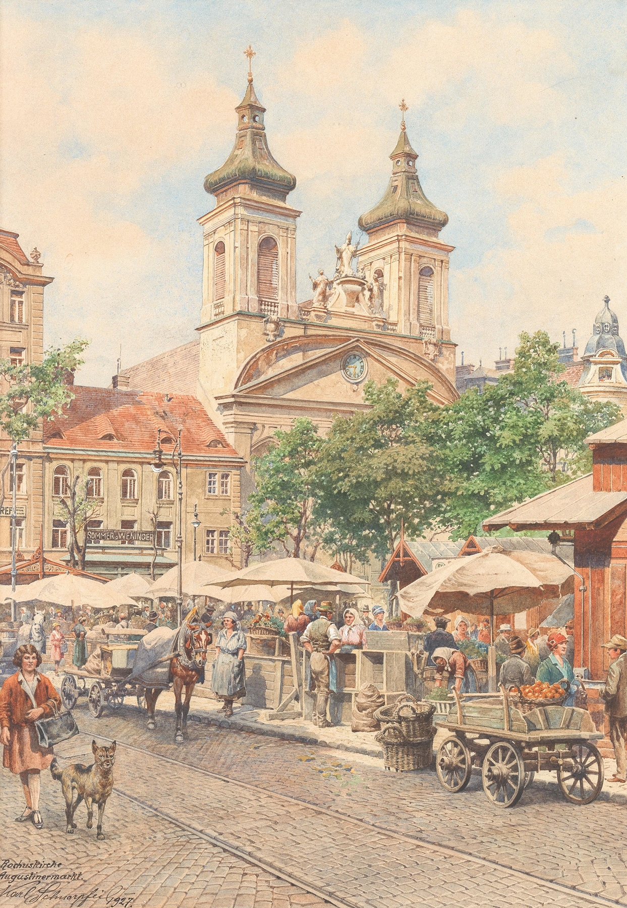 Oil on canvas by Karl Schnorpfeil depicting a lively market scene