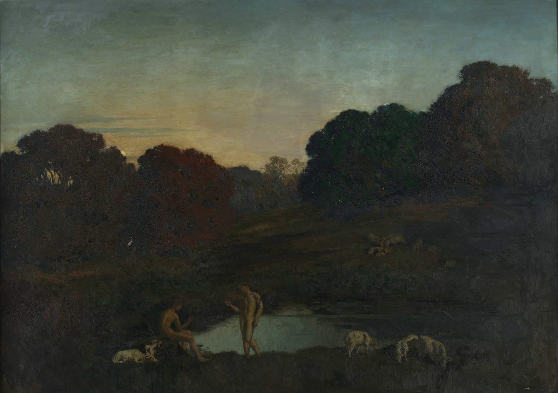 Pastoral Scene by Émile-René Ménard, oil on canvas depicting figures in a tranquil landscape.