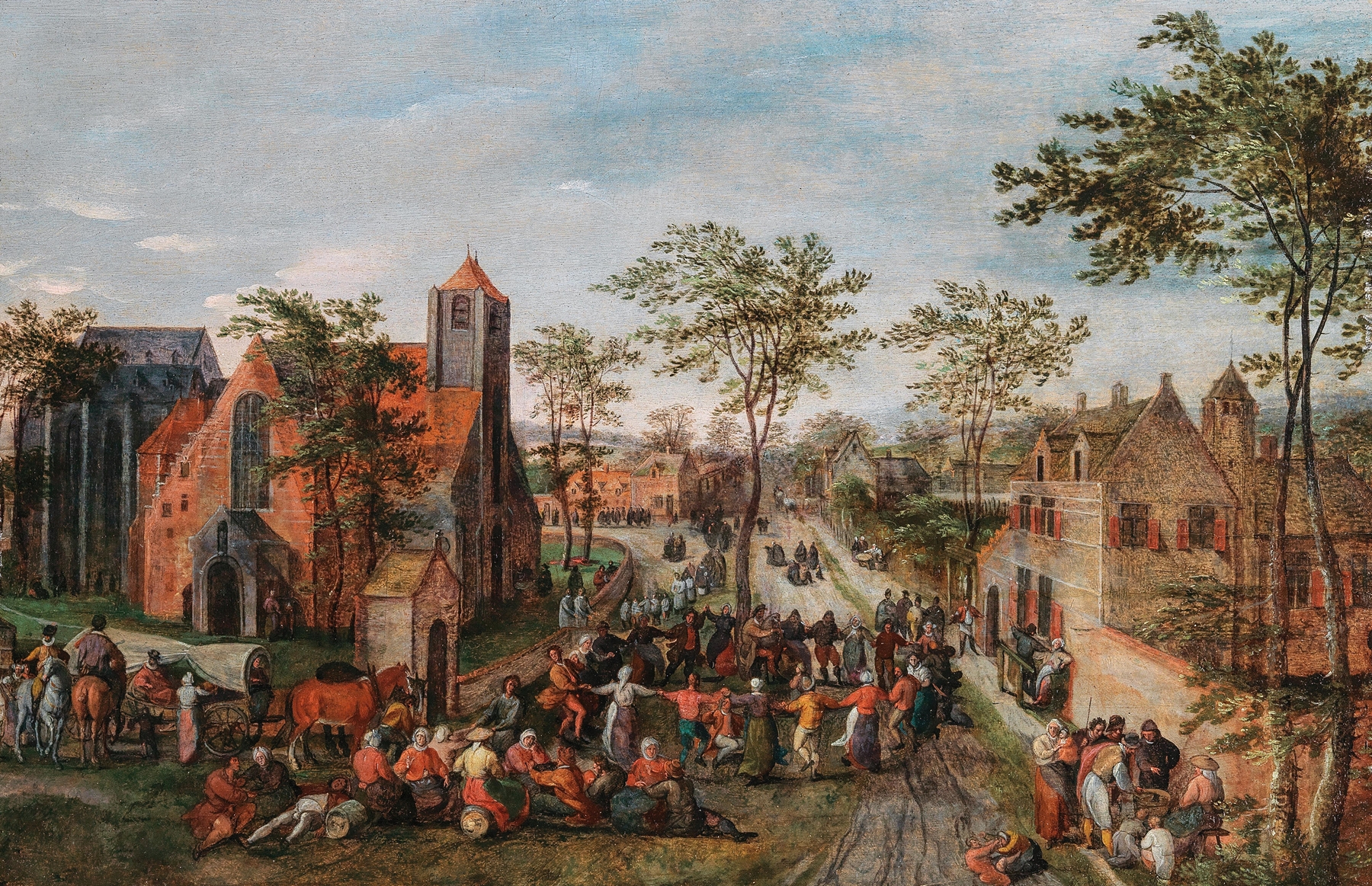 A village kermesse, oil on panel by Jacob Grimmer depicting a festive gathering with swirling figures.