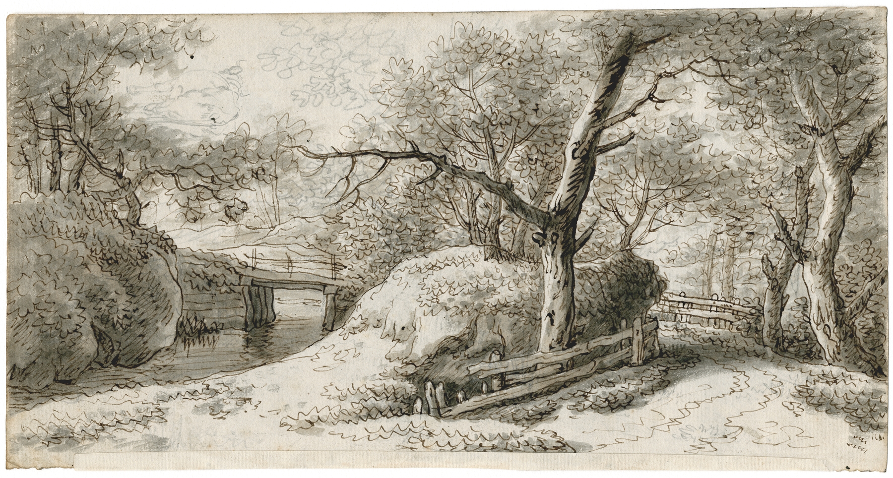 Landscape oil painting by Barend Hendrik Thier featuring a stream and horizon.