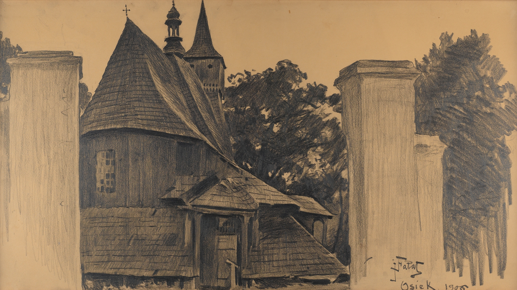 Landscape featuring a church in Osiek, oil painting by Julian Falat