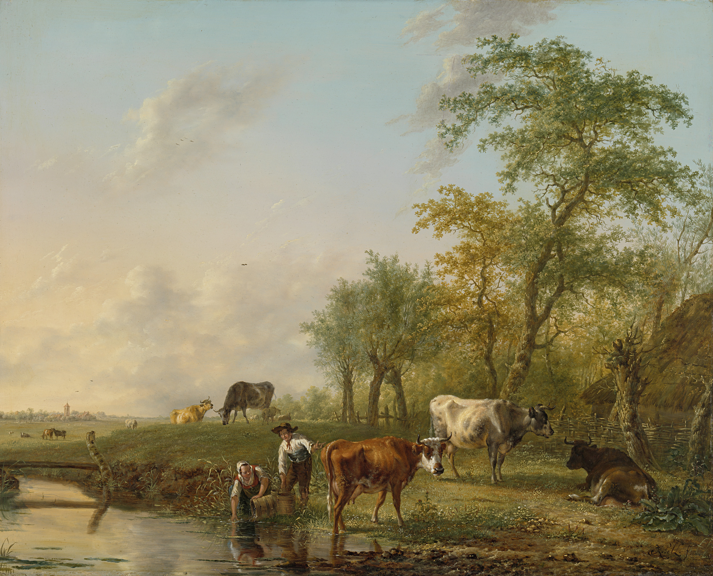 Landscape with Cattle, oil on panel by Jan Kobell II, depicting cattle in lush greenery.