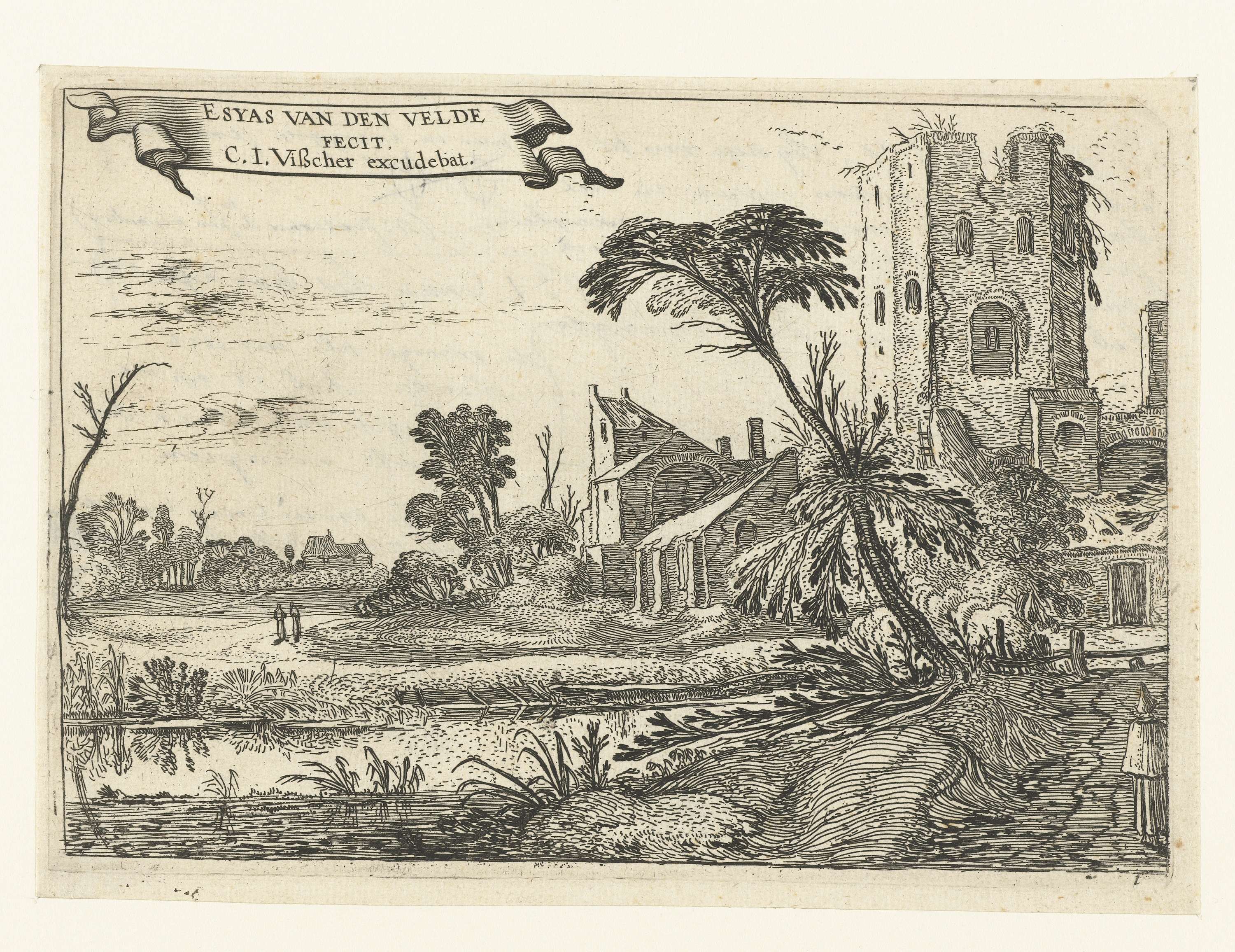 Two monks walking on a path beside a ruined tower, etching by Esaias van de Velde