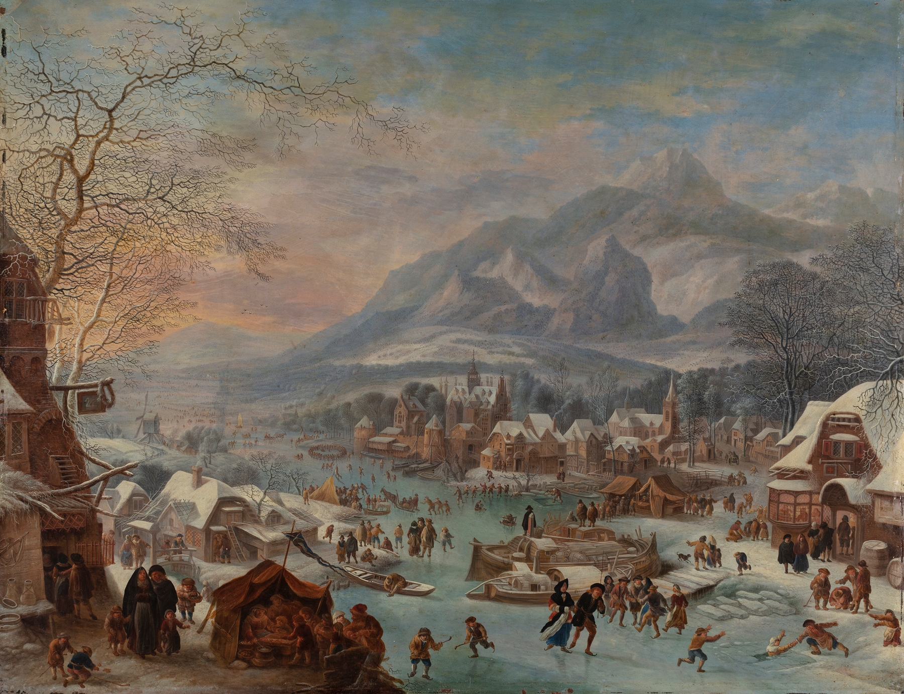 Winter landscape with snow and ice by Jan Griffier, Dutch Golden Age