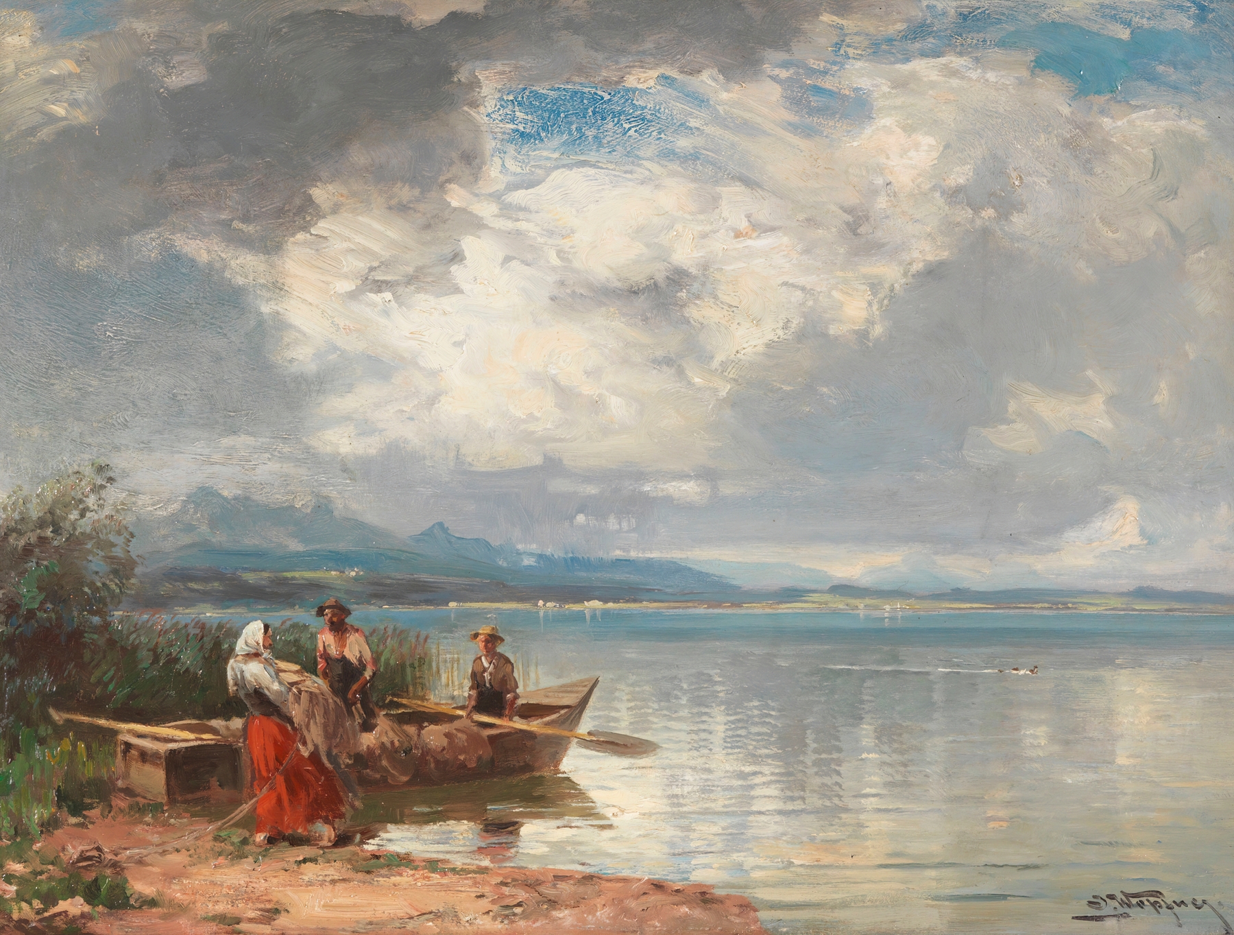 Fischer am Chiemseeufer, by Joseph Wopfner, public domain