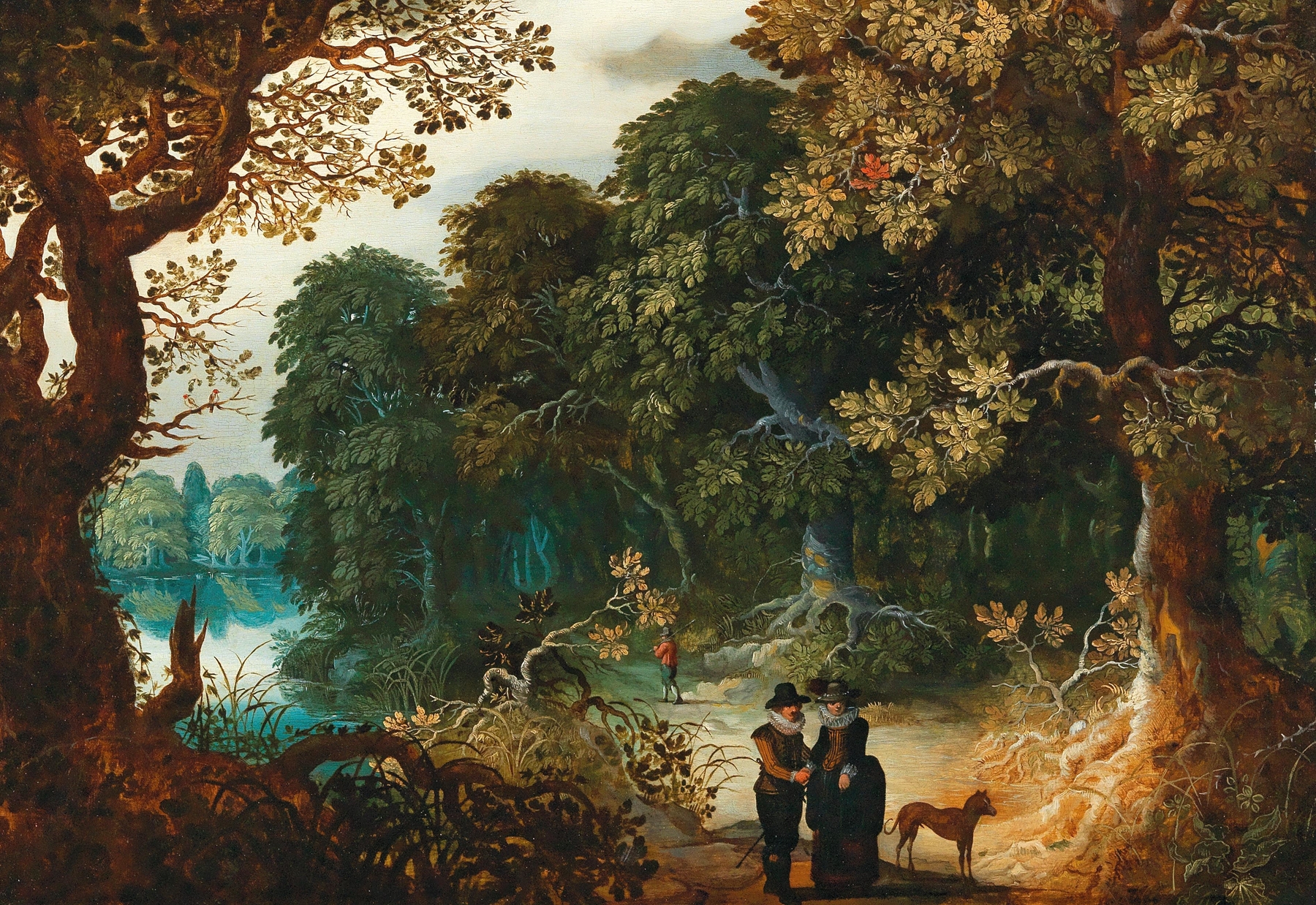 A wooded landscape with an amorous couple, oil on canvas by Sebastian Vrancx