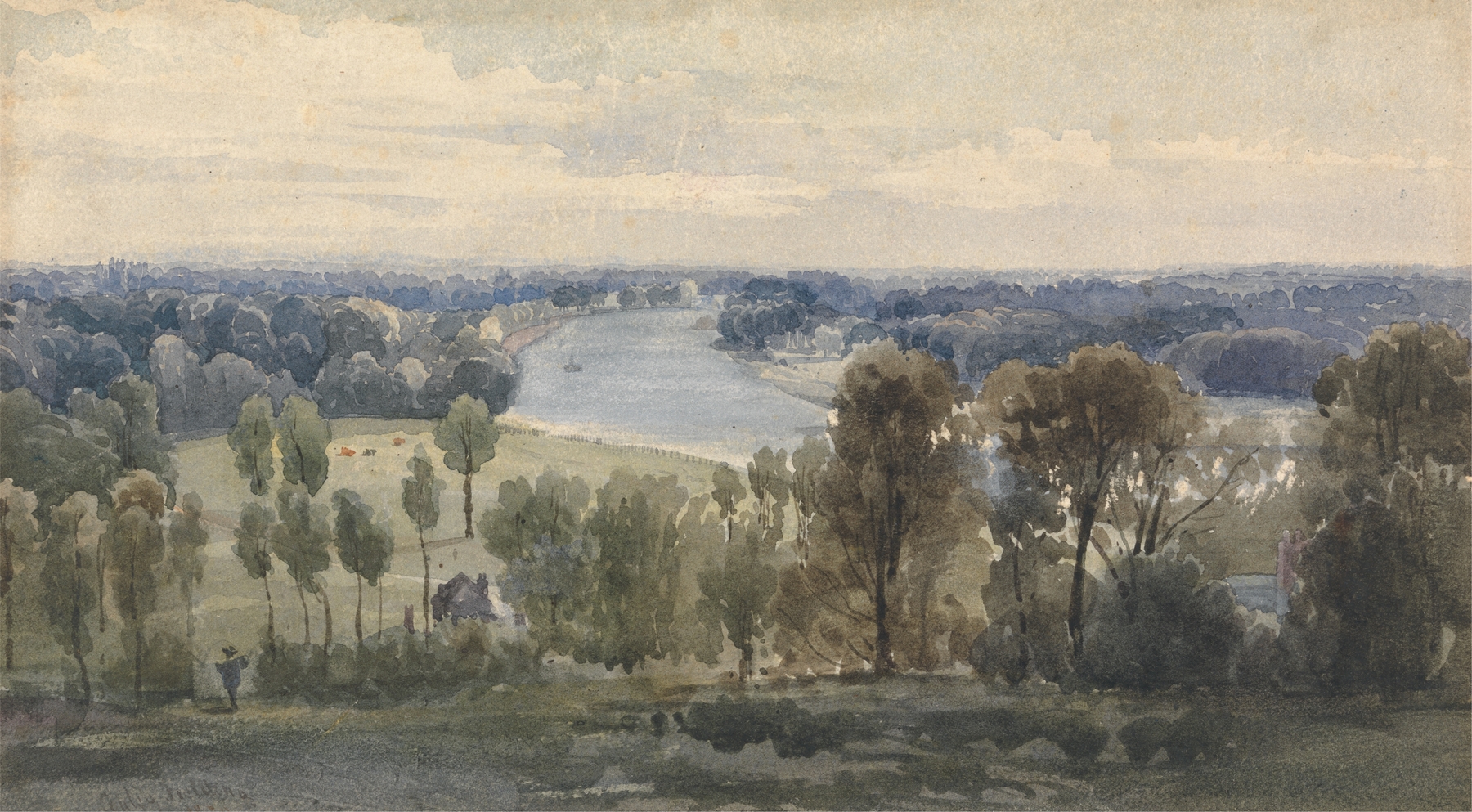 Richmond Hill landscape watercolor by Copley Fielding, featuring nature and afternoon light.