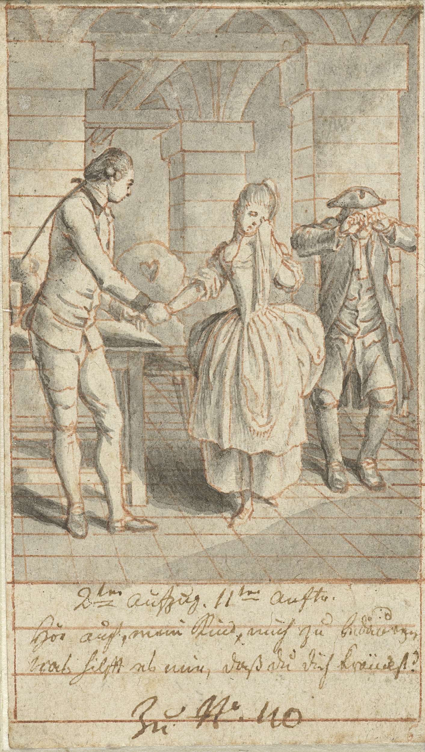 Louise and her father visit Alexis in prison, ink on paper by Daniel Nikolaus Chodowiecki