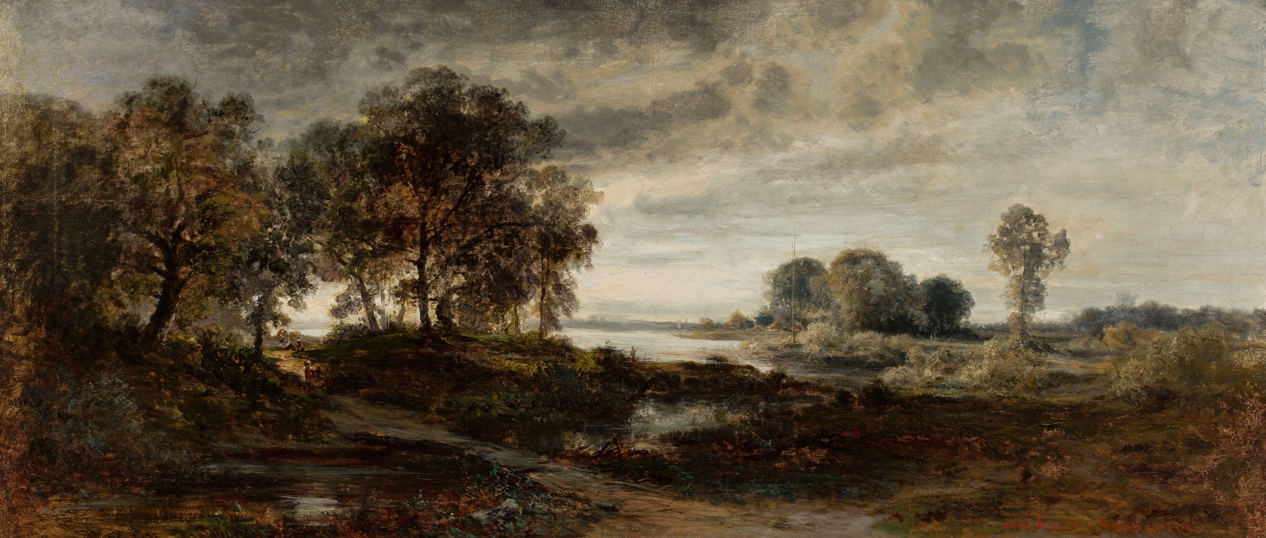 Landscape of the Oder River by Adolf Dressler, oil painting depicting a tranquil river at sunset.
