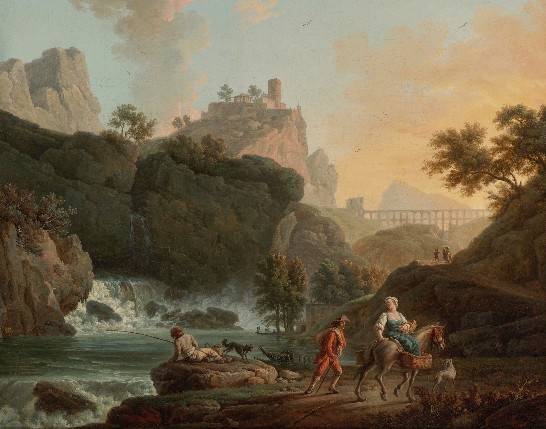 A Rocky Landscape With A fisherman And Travellers By A River With A Waterfall, An Aqueduct In The Distance, by Claude-Joseph Vernet, public domain