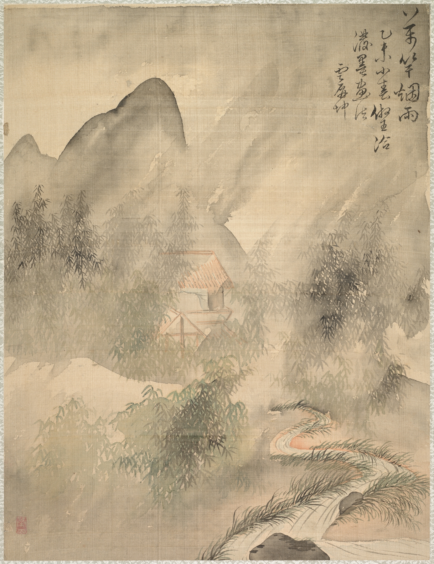 Landscape with bamboo in mist and rain, ink on paper by Tsubaki Chinzan