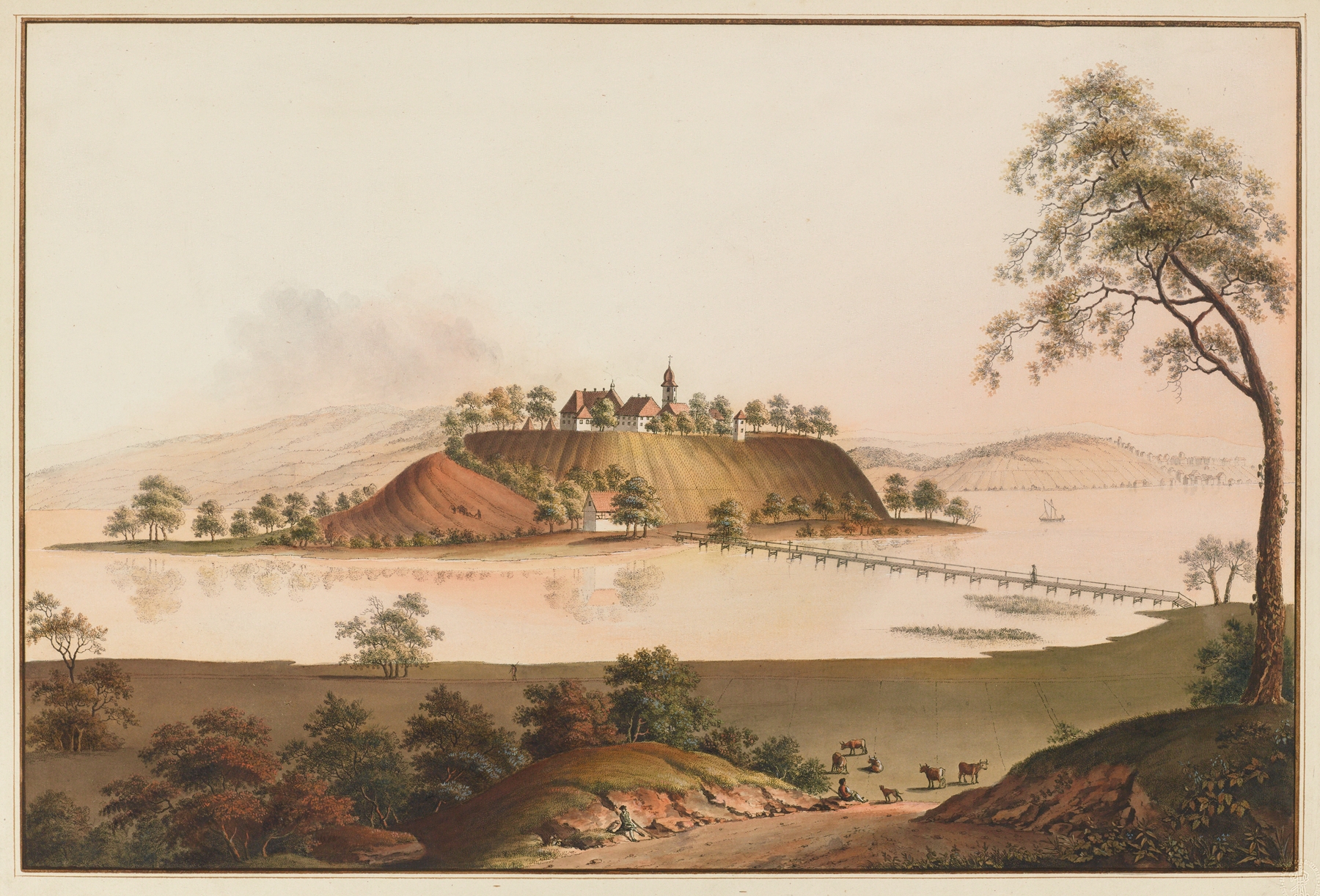 Vûe de l’Isle de Meinau by Johann Heinrich Bleuler, oil on canvas depicting a serene landscape with water and reflections.