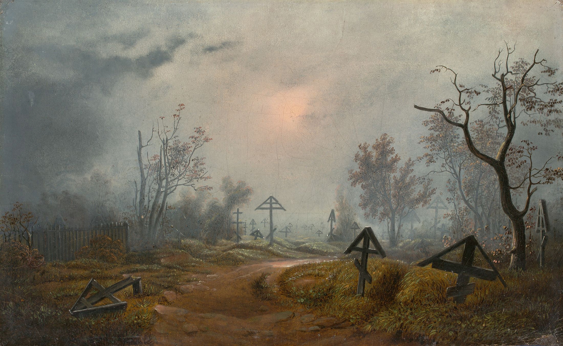 Clouds over a Russian graveyard by Carl Julius von Leypold, oil painting depicting gravestones and a moody sky.
