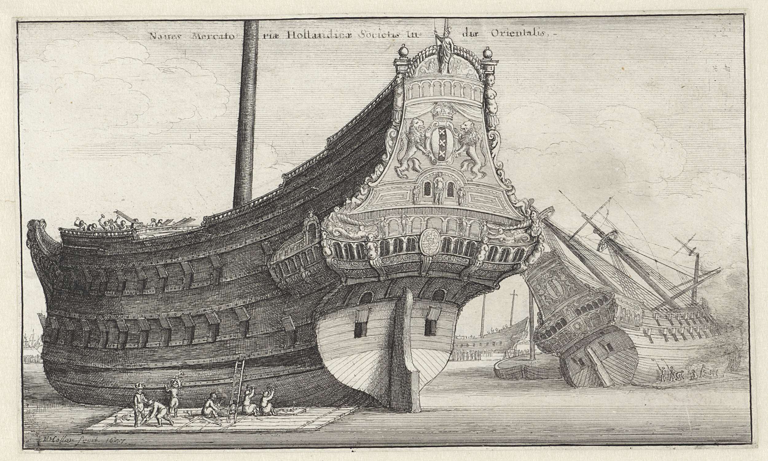 Etching by Wenceslaus Hollar depicting shipbuilding and labor