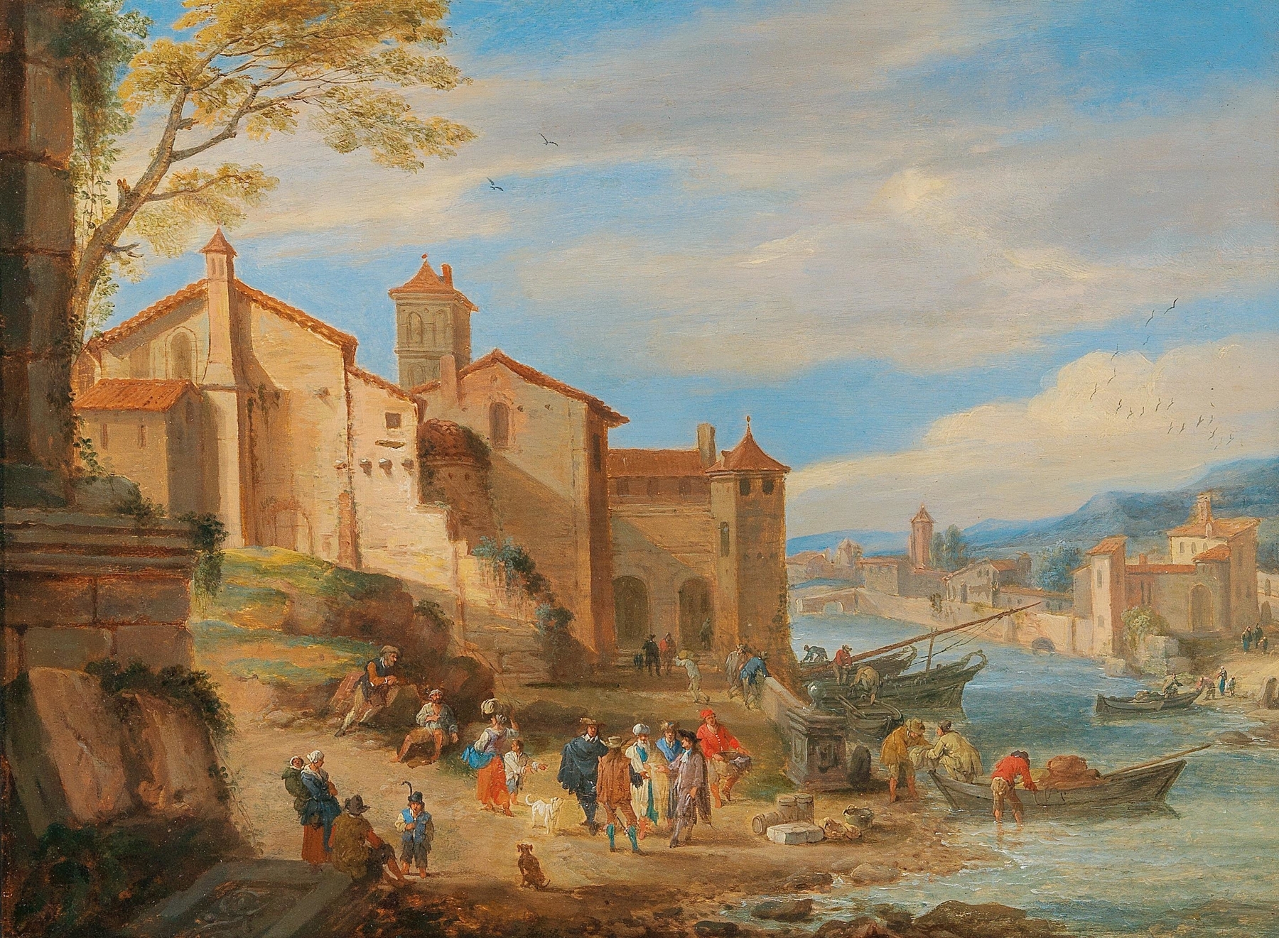 The port of Ripa Grande in Rome with merchants conversing, oil on canvas by Pieter Bout