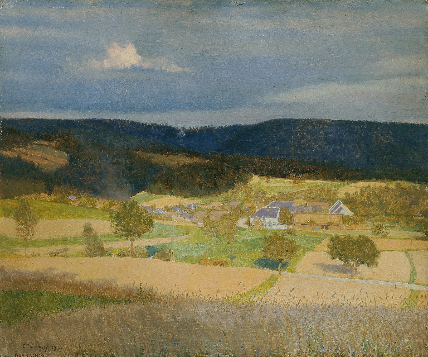 Dorf in der Sonne by Emanuel Baschny, impressionist oil painting of a sunlit village.