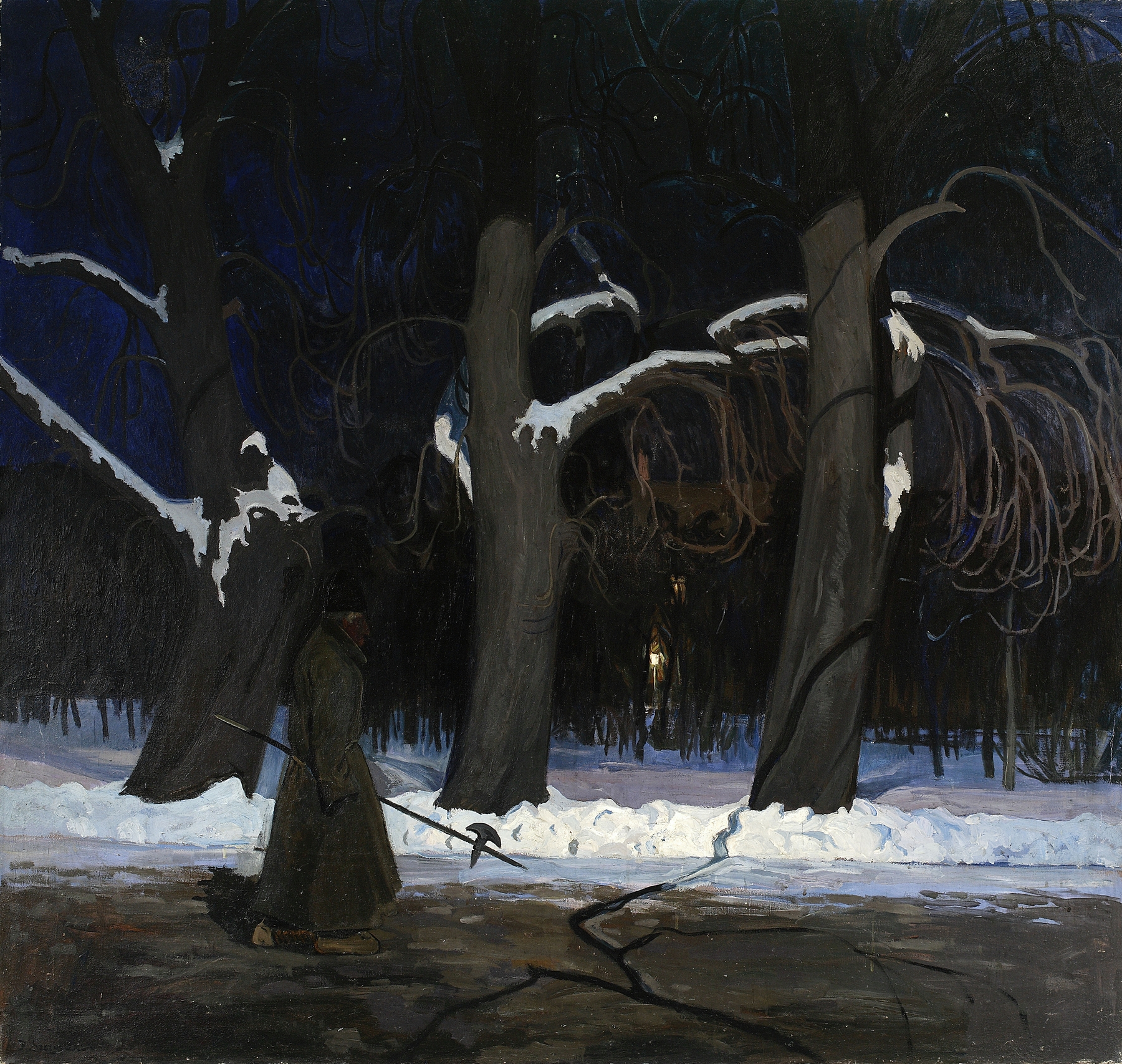 Winter landscape at night with a halberdier, oil on canvas by Henryk Szczygliński