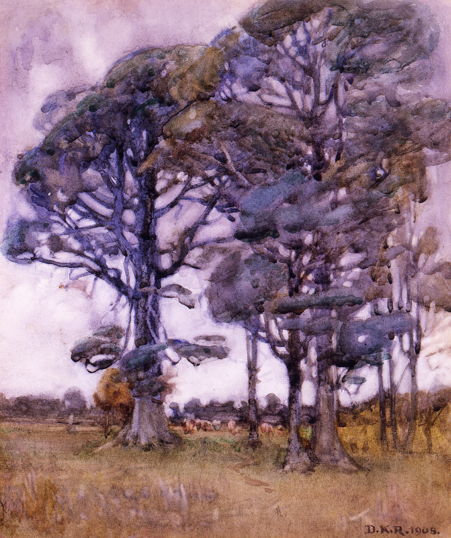 Black Birch by Dorothy Richmond, watercolor on paper depicting dark birch trees and golden light.