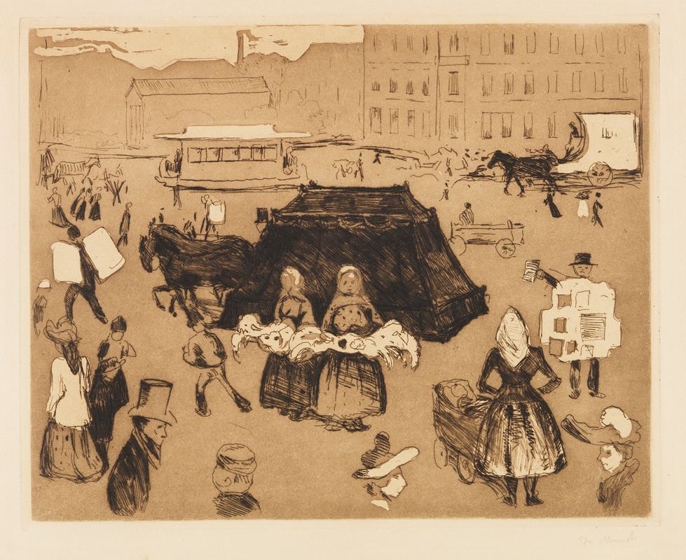 A haunting scene of a funeral carriage at Potsdamer Platz by Edvard Munch.