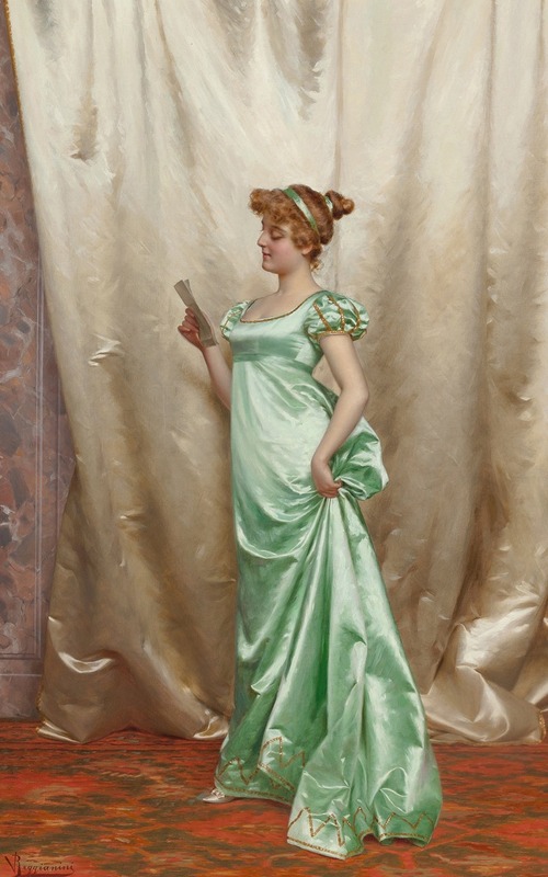 A detailed depiction of a woman reading a love letter in a domestic setting.