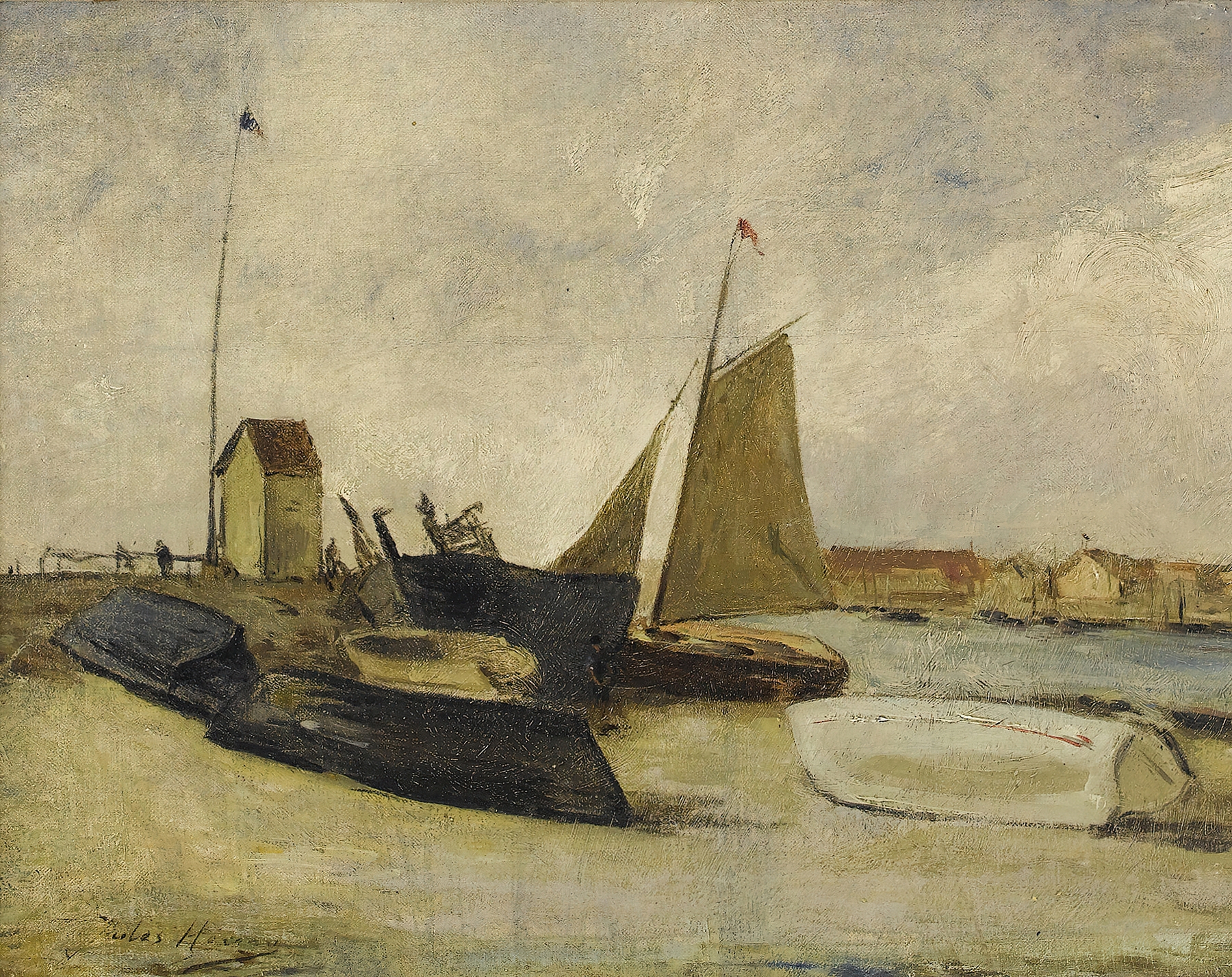 Oil on canvas by Jules Héreau depicting boats anchored in a harbor