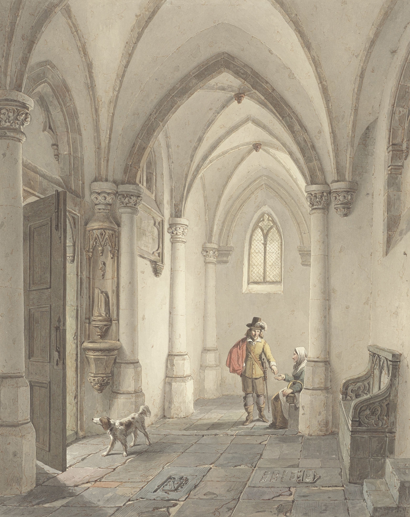 Oil painting by Georg Gillis van Haanen showing a man giving a coin to a beggar woman in an interior.