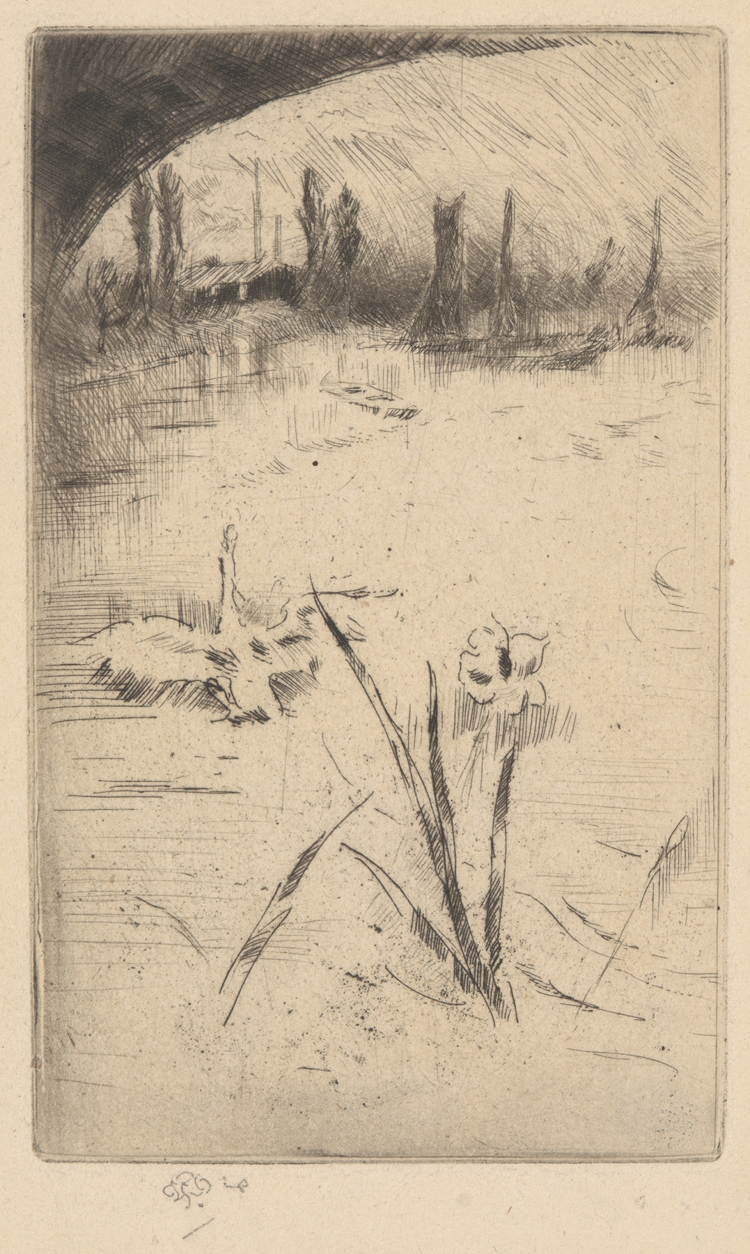 Swan and Iris by James Abbott McNeill Whistler, oil painting of a swan gliding on a pond