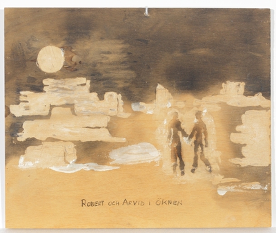 Gouache painting by Roland Svensson depicting figures in a desert.